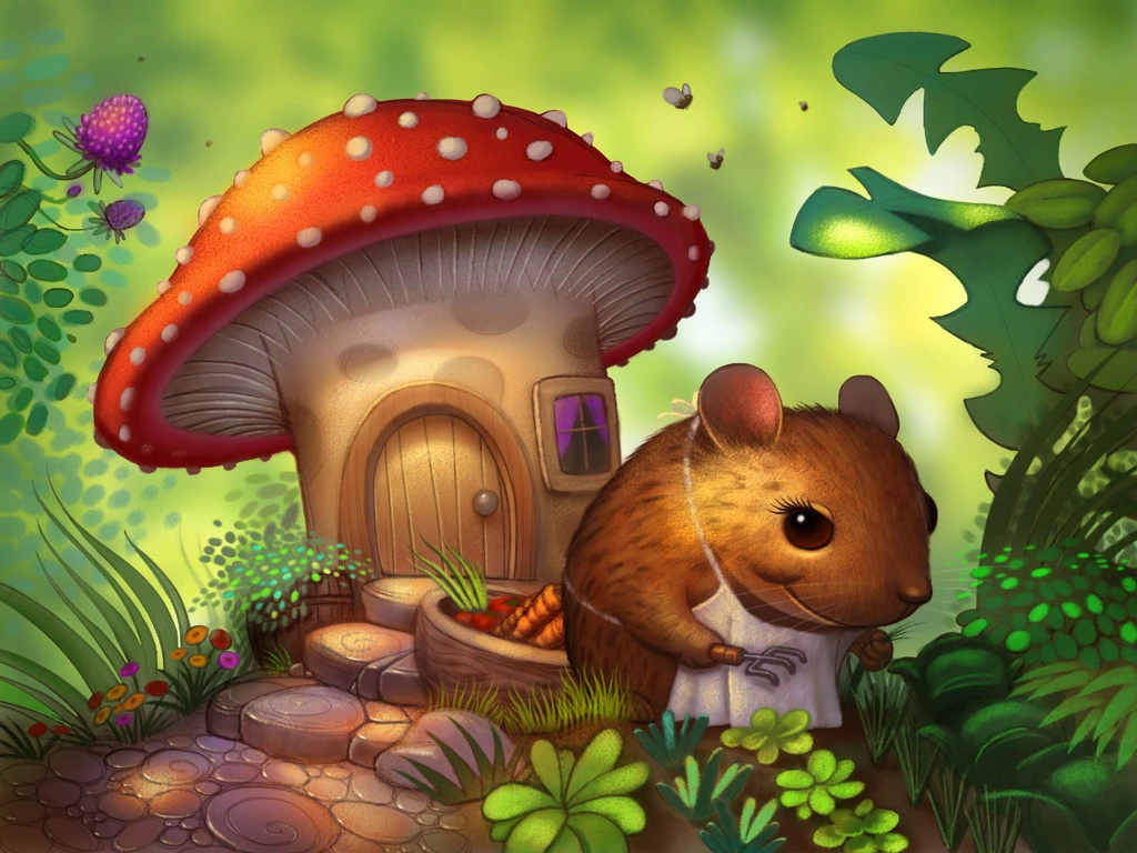 Mouse Gardener With Carrots By Mushroom House Illustration
