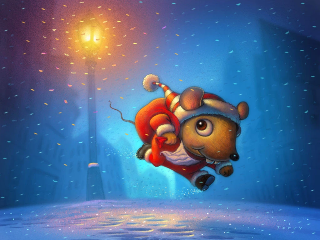Mouse Santa Flying Through Snowy Christmas Night Illustration