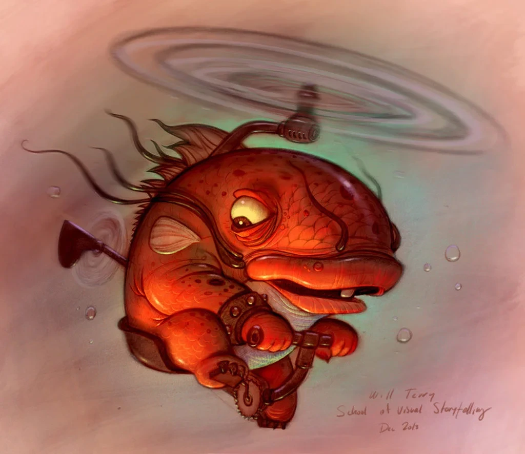 Orange Fish Riding Propeller Helmet Underwater Illustration