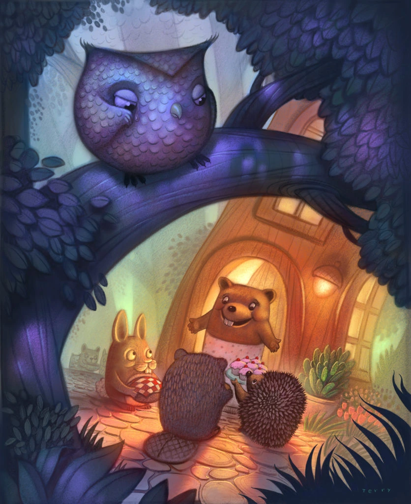 Owl Watching Forest Animals Tea Party Illustration