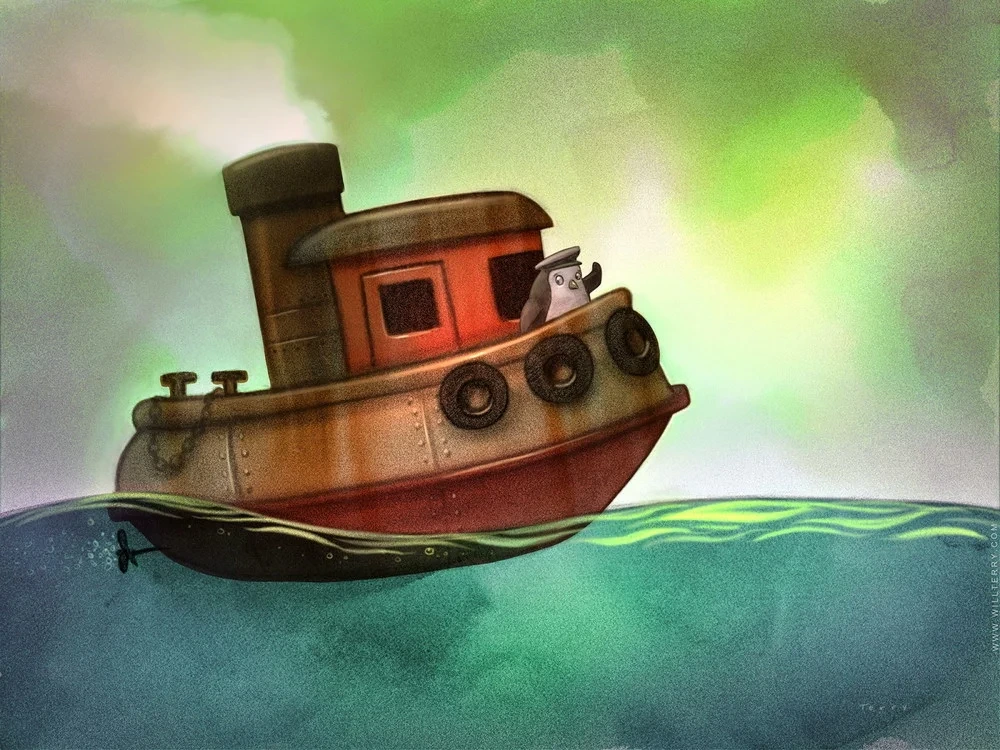 Penguin Captain Waving From Red Tugboat Illustration