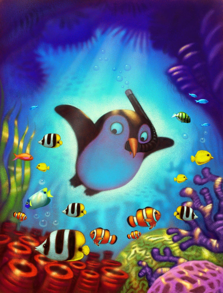Penguin Diving with Tropical Fish Underwater Illustration