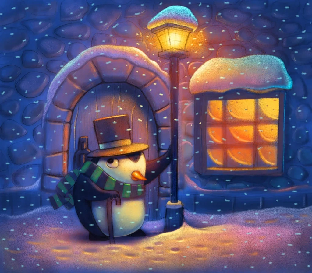 Penguin in Top Hat by Winter Lamppost Illustration