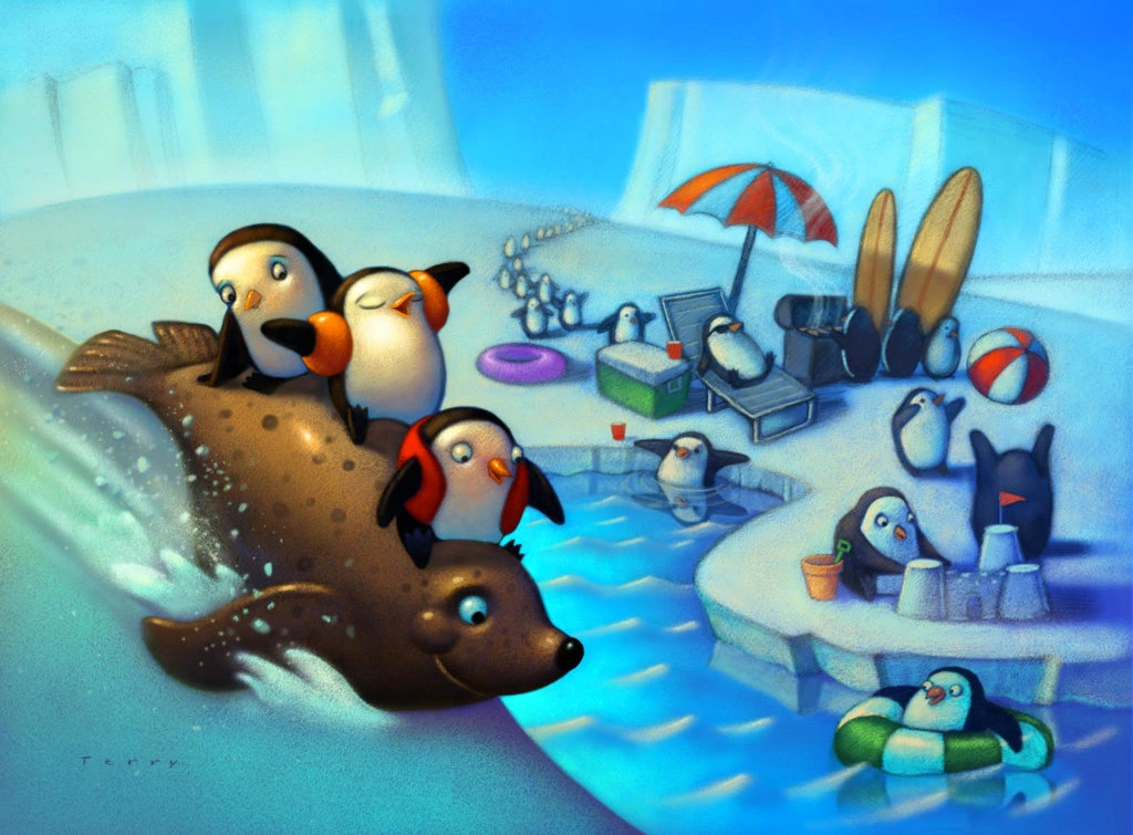 Penguins Riding Seal on Arctic Iceberg Summer Illustration