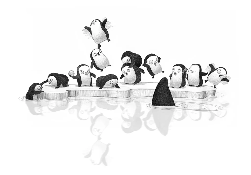 Penguins on Ice Floe with Shark Fin Illustration