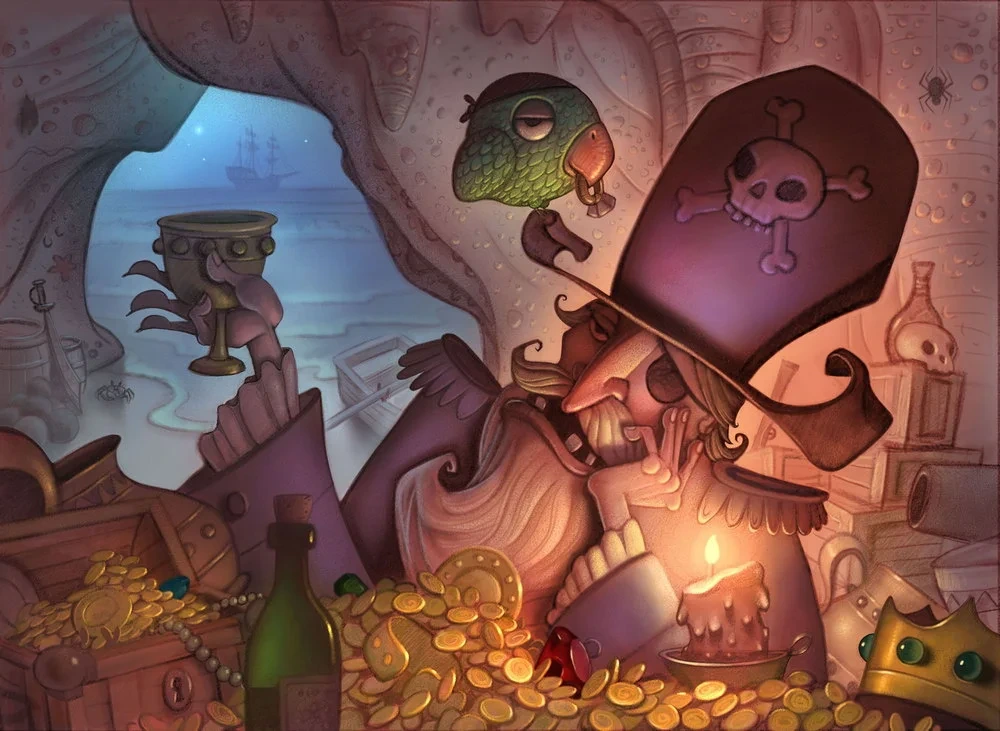 Pirate Captain With Parrot And Gold Treasure Cave Illustration