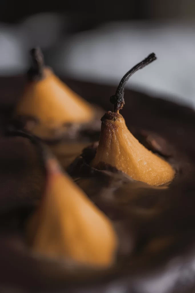 Poached Pear Caramel Dessert Plate Photography