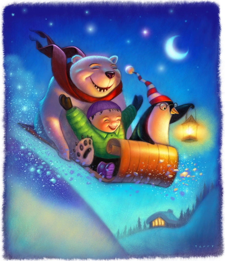 Polar Bear Child Penguin Winter Night Sled Ride Illustration