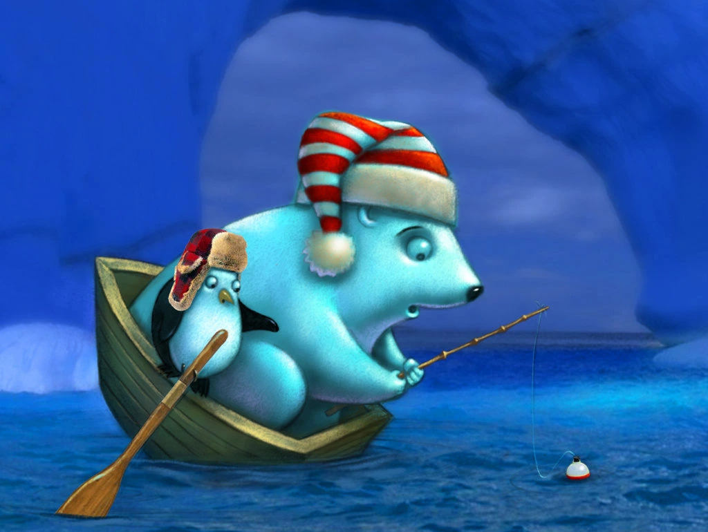 Polar Bear and Penguin Fishing in Winter Boat Illustration