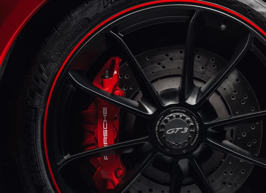 Porsche GT3 Wheel Red Brake Caliper Detail