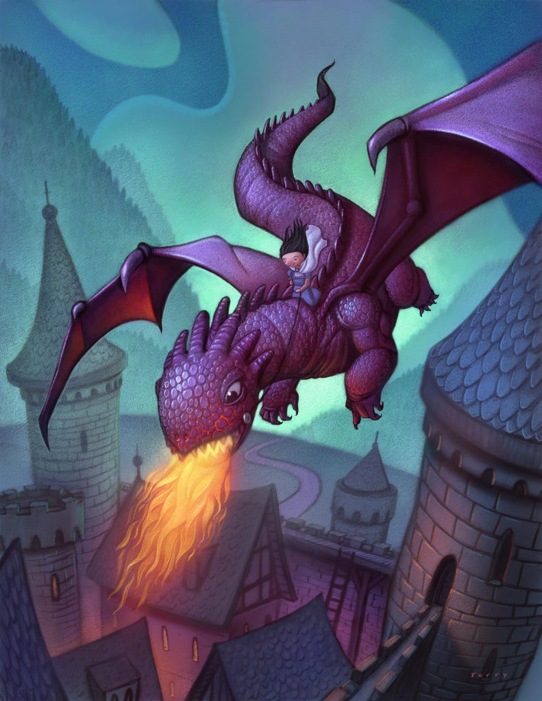Purple Dragon Breathing Fire Over Castle Illustration