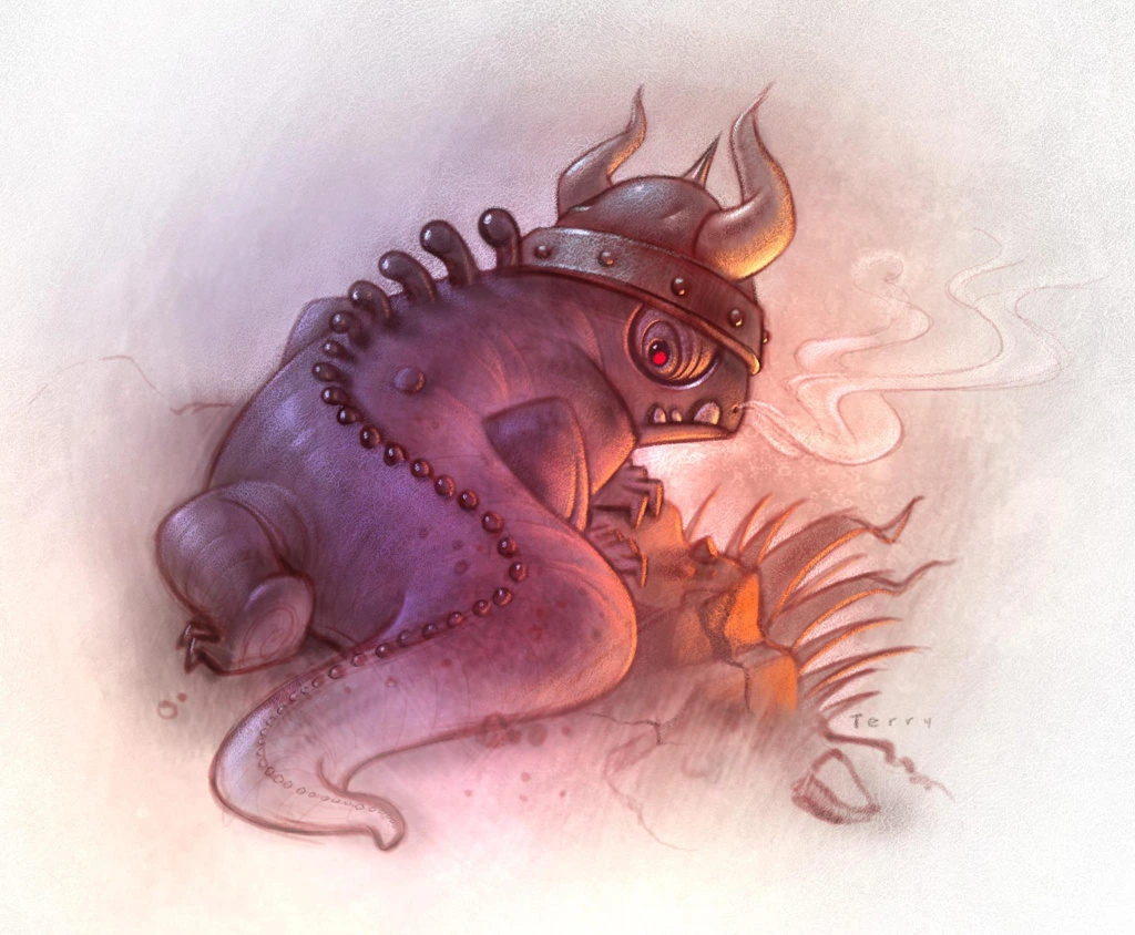 Purple Dragon With Viking Helmet Roasting Marshmallow Illustration