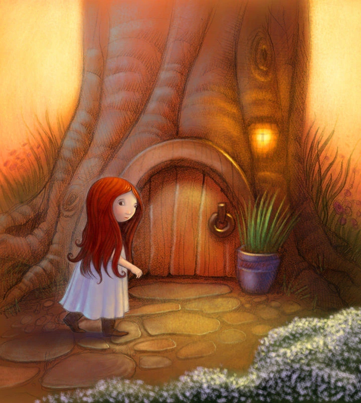 Red Haired Girl at Treehouse Door Illustration