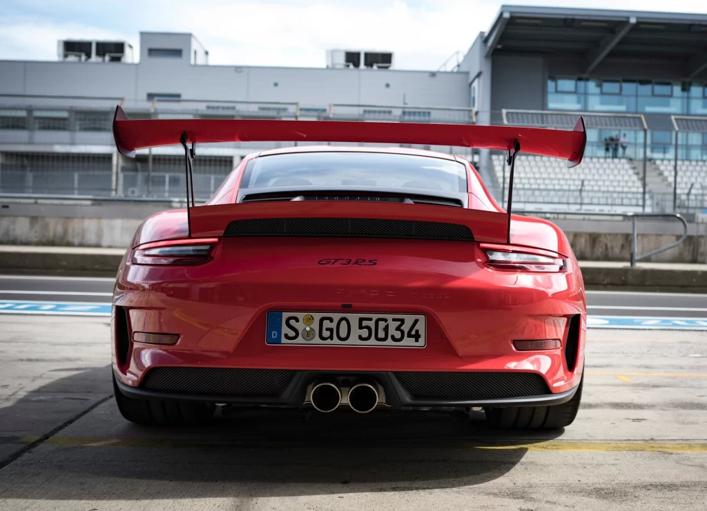 Red Porsche GT3 RS Race Track Rear View