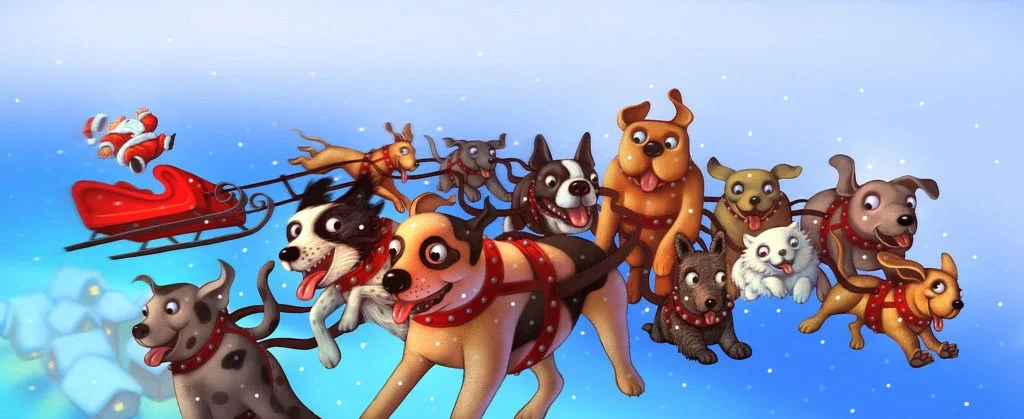 Santa Claus Flying Sleigh Pulled By Dogs Christmas Illustration