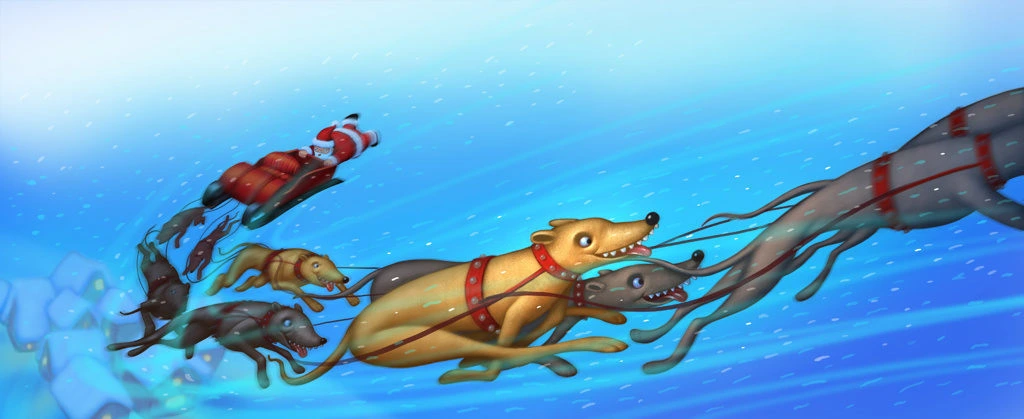 Santa Claus Sleigh Pulled By Dogs Underwater Christmas Illustration