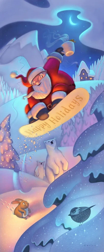 Santa Claus Snowboarding Winter Forest Christmas Illustration