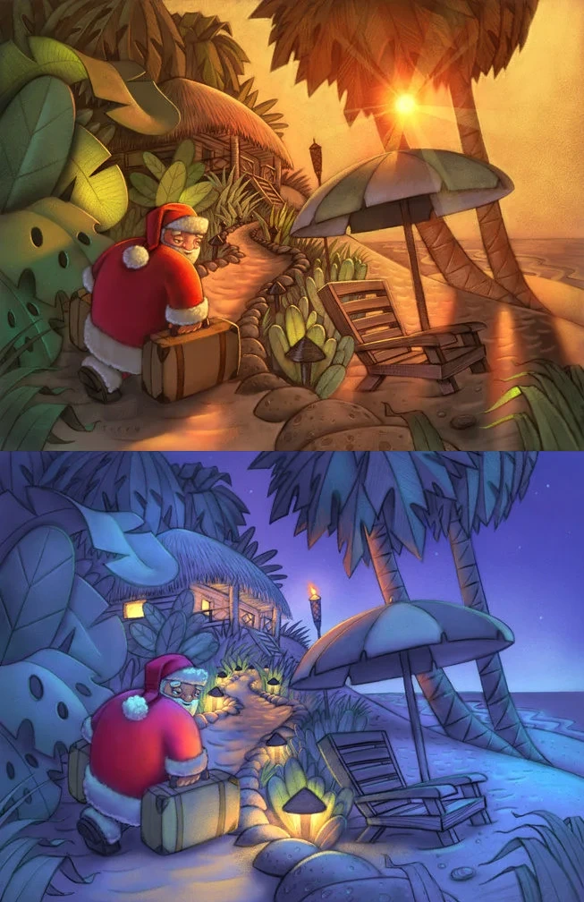 Santa Claus With Suitcases At Tropical Beach Christmas Illustration