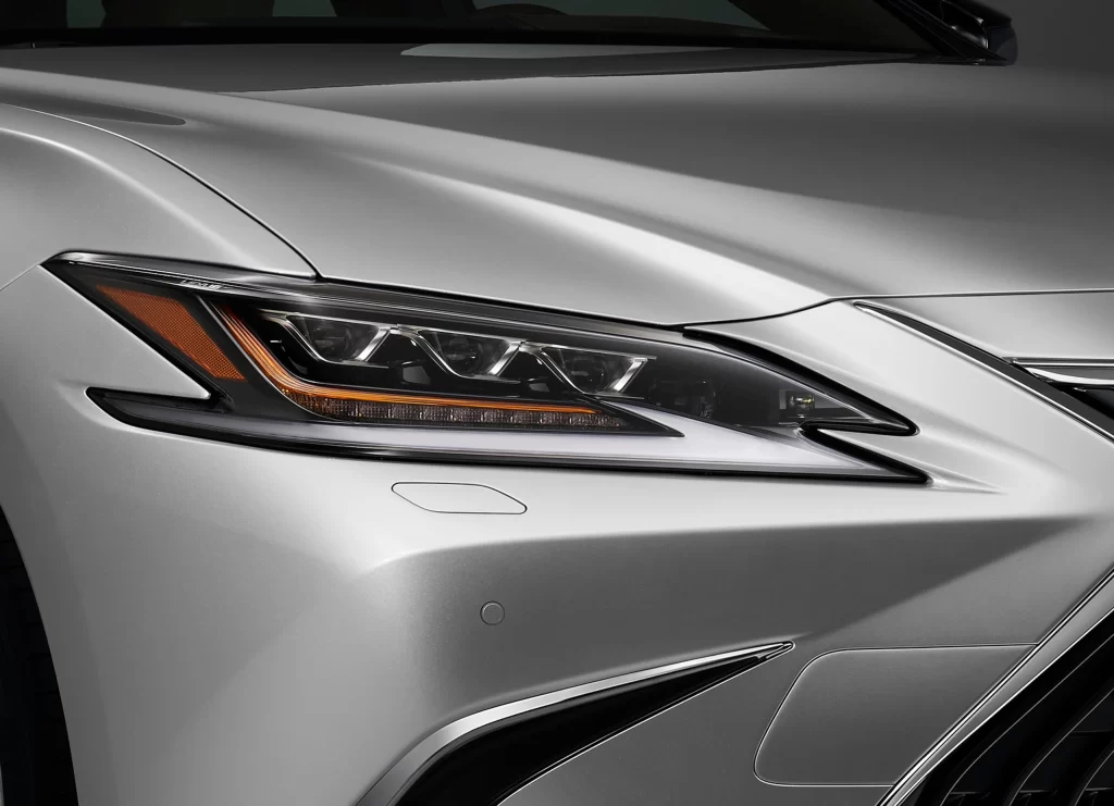 Silver Sedan LED Headlight Close Up Detail