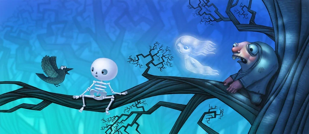 Skeleton And Ghost On Tree Branch Halloween Illustration