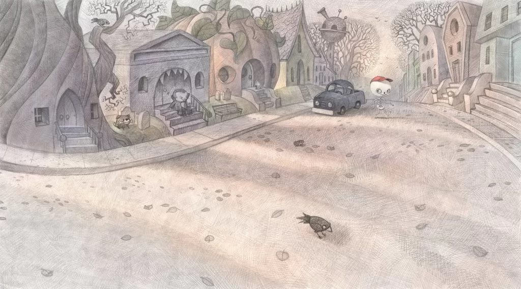 Skeleton Boy Walking Down Spooky Halloween Town Street Illustration