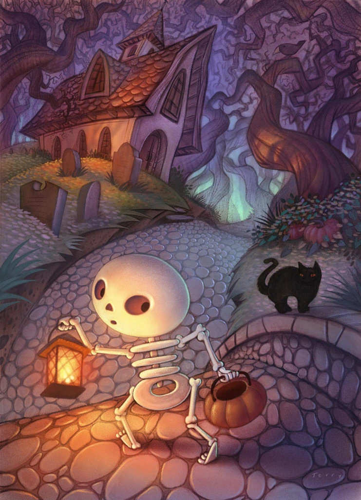 Skeleton Trick-or-Treating at Haunted House Illustration
