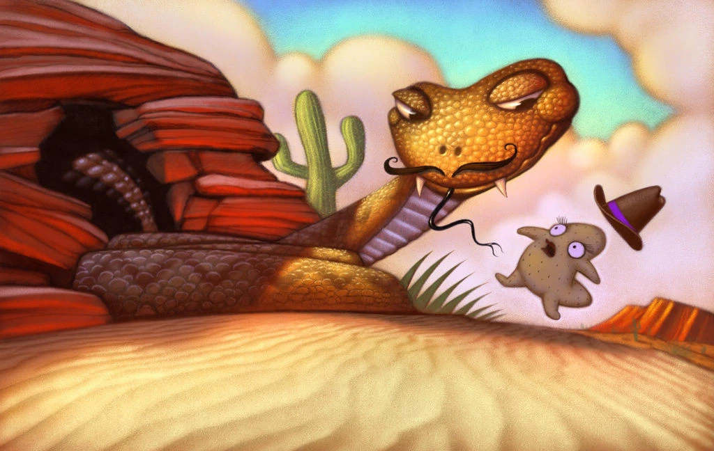 Snake Chasing Mouse In Desert Landscape Illustration