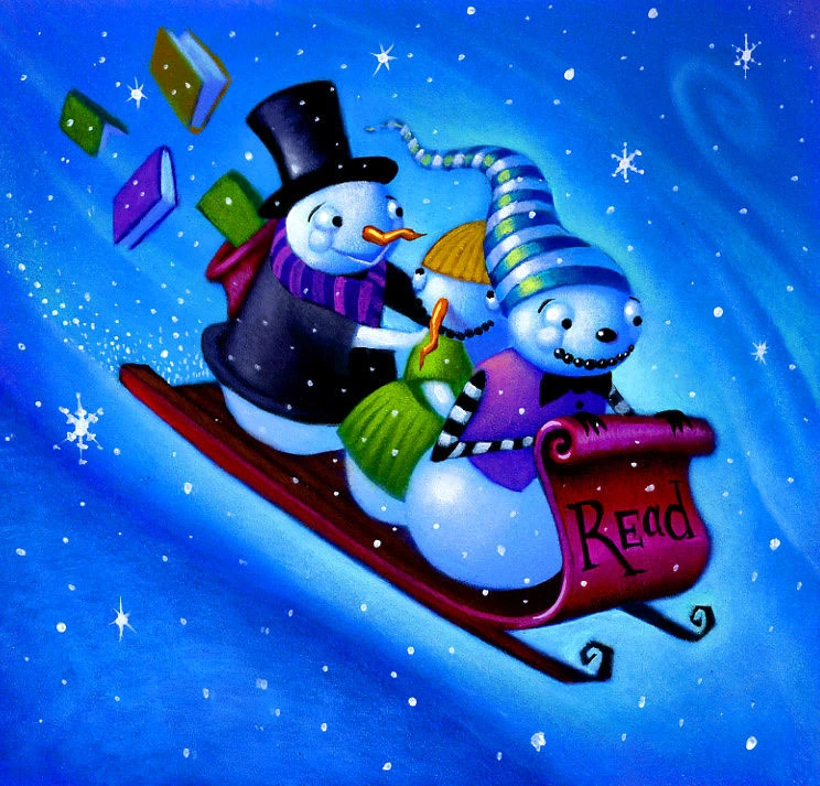 Snowmen Reading Books On Winter Sleigh Illustration
