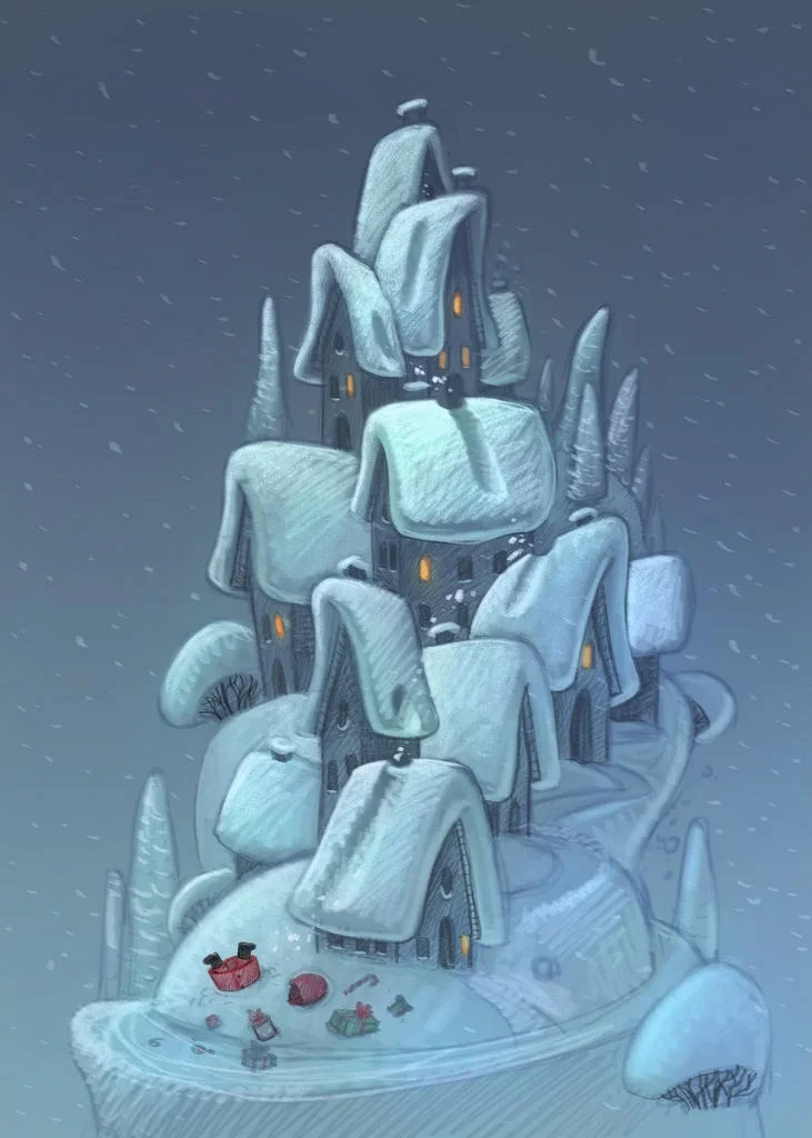 Snowy Village Houses with Christmas Gifts Illustration
