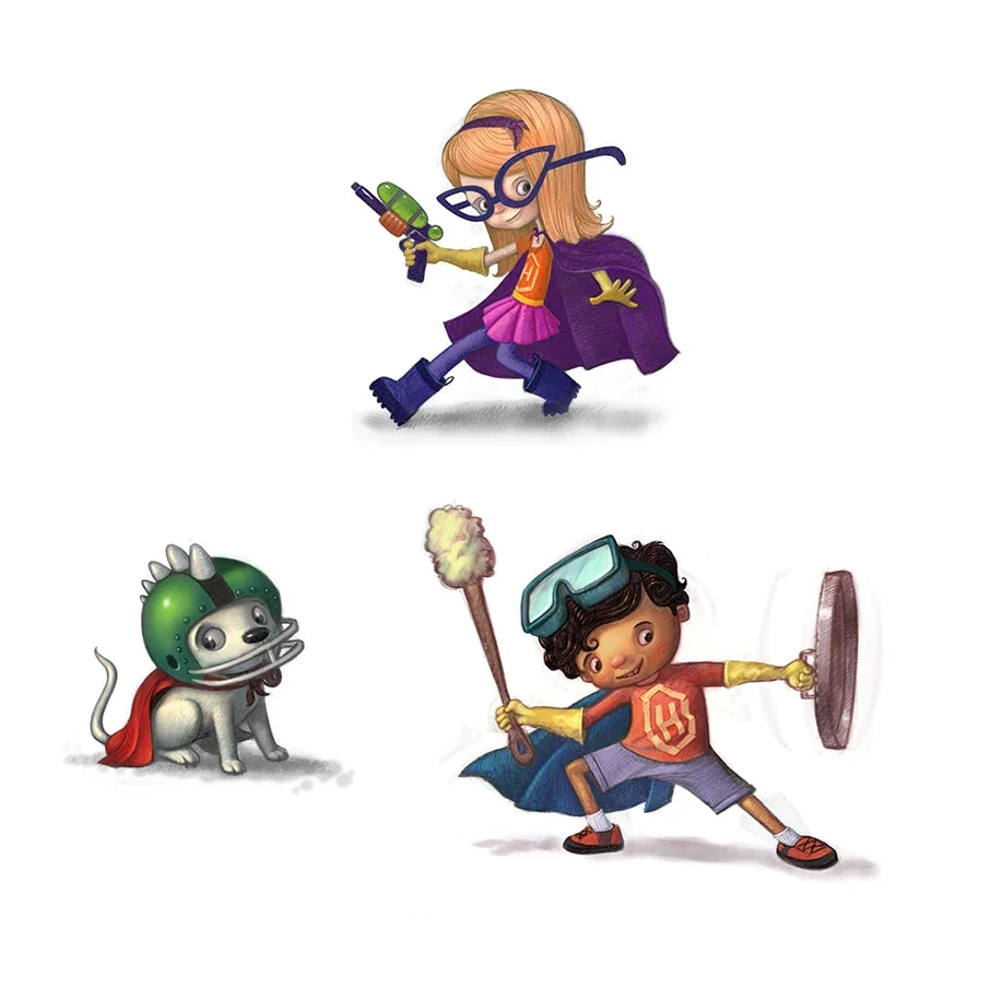 Superhero Kids With Dog And Toy Weapons Illustration