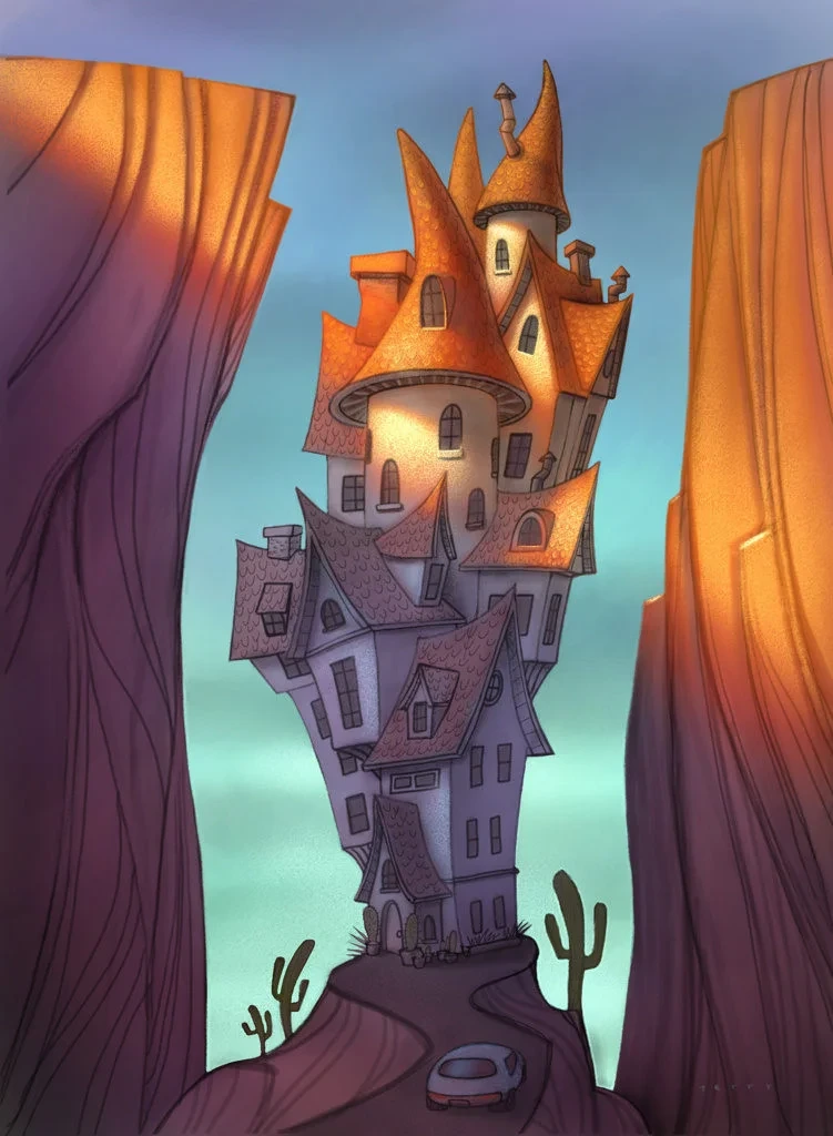 Tall Whimsical House in Desert Canyon Illustration