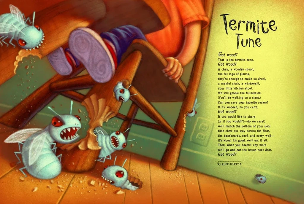 Termites Eating Wooden Chair With Child Sitting Illustration