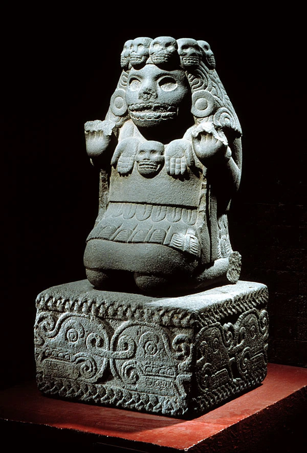 Aztec Stone Seated Figure Skull Headdress