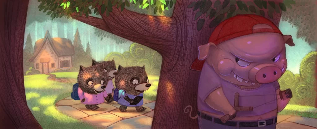 Three Mice Walking Past Sneaky Pig in Forest Illustration