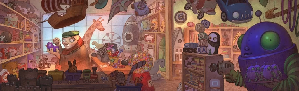 Toy Store Owner Surrounded By Flying Toys Illustration