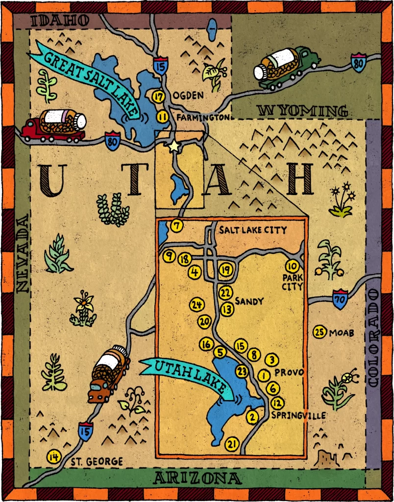 Utah Illustrated Map Numbered Locations Art
