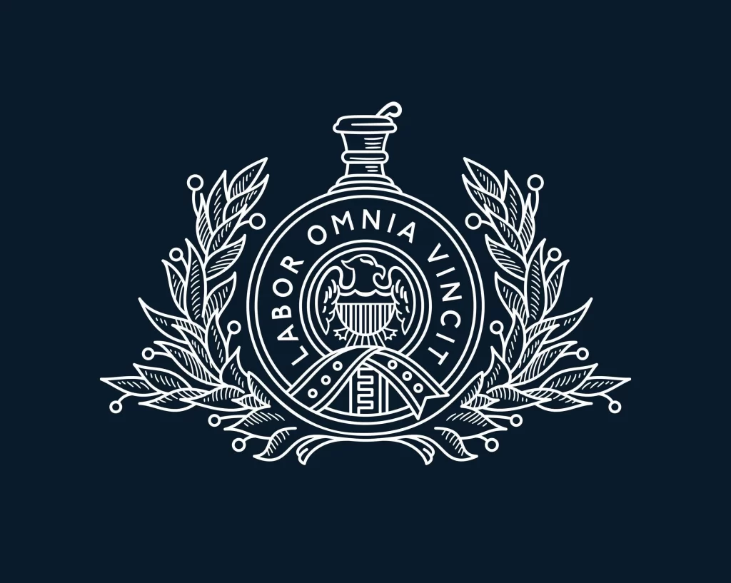 White Line Art On Dark Blue Background Label