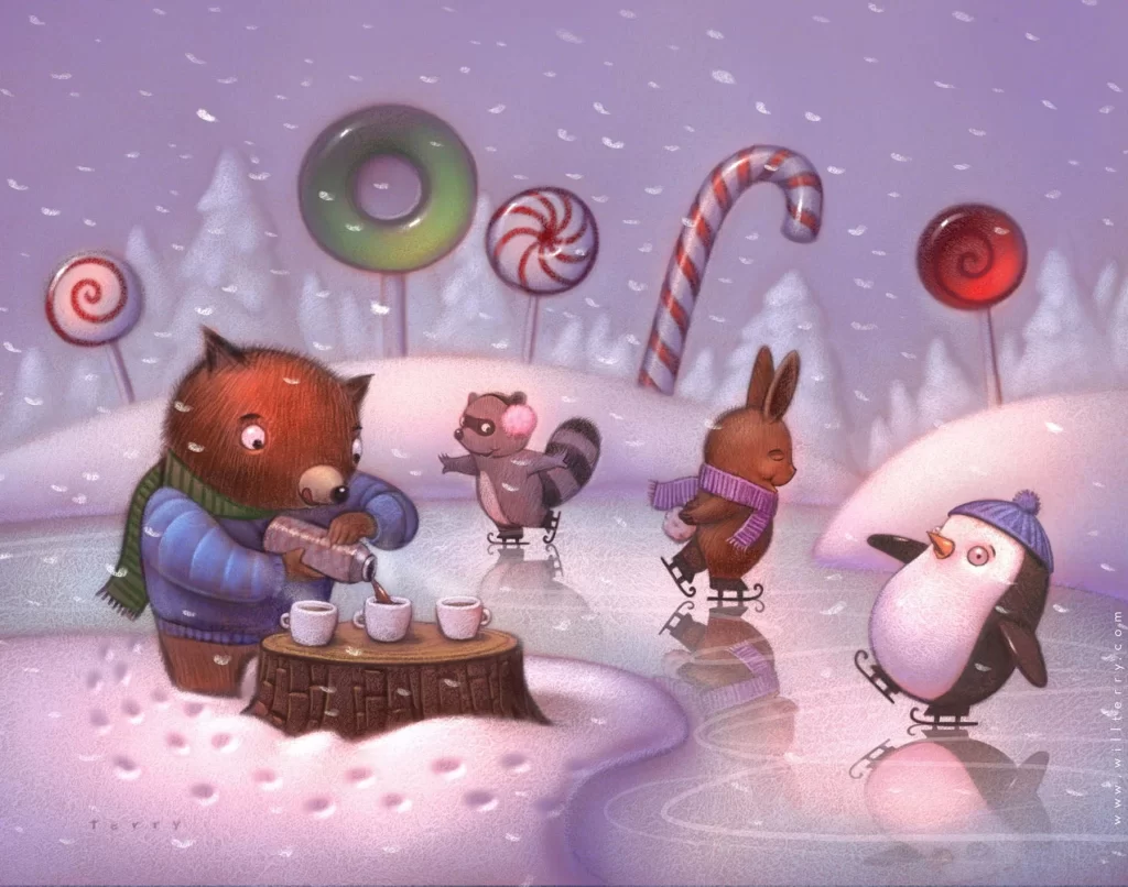 Winter Animals Ice Skating Tea Party Illustration