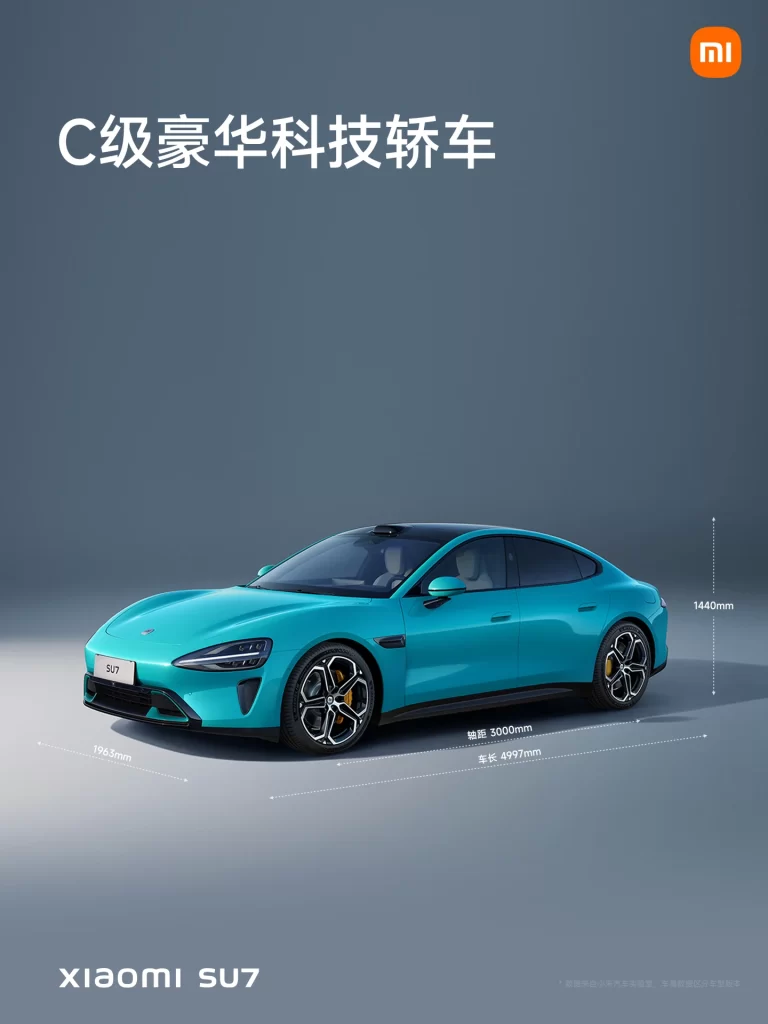 Xiaomi SU7 Teal Sedan Profile Advertisement