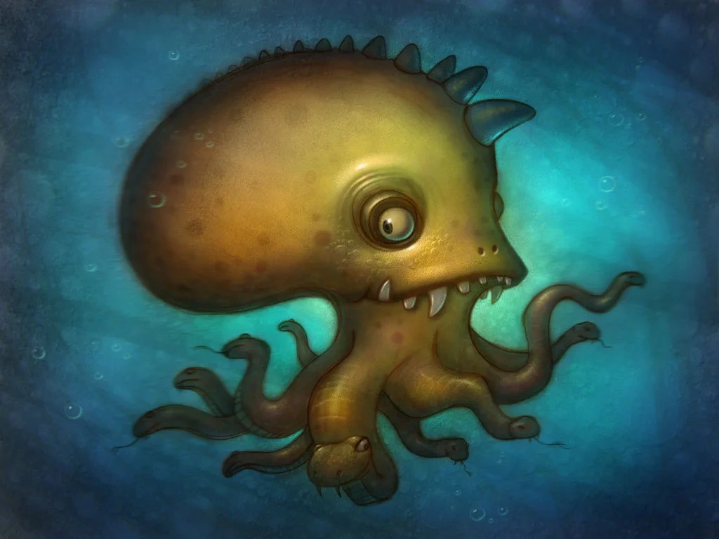 Yellow Octopus Monster With Fangs Underwater Illustration