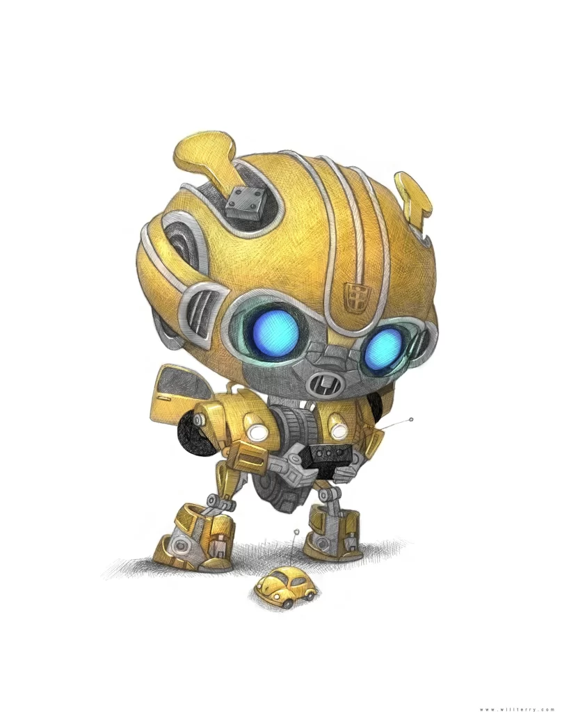 Yellow Robot with Blue Eyes and Toy Car Illustration
