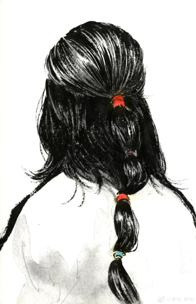 Black Haired Figure Red Ribbon Back View Zao Dao