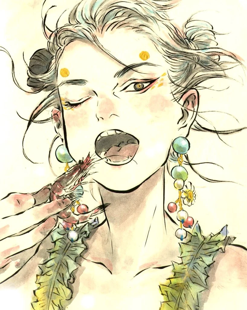 Flower Adorned Woman Eating Shrimp Zao Dao