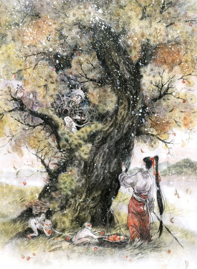 Monkey Spirits Fruit Basket Red Robe Maiden Zao Dao