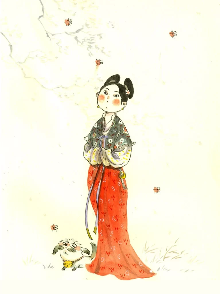 Red Dress Woman with Small Dog Zao Dao