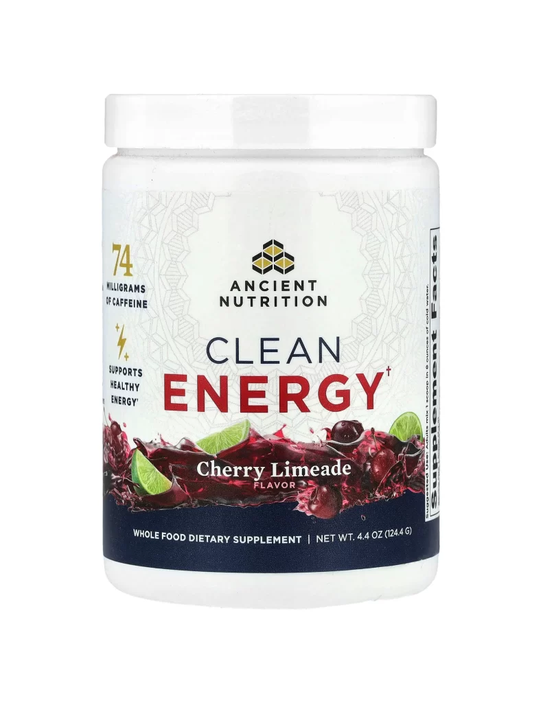 Ancient Nutrition Clean Energy Cherry Limeade and Supplement Packaging