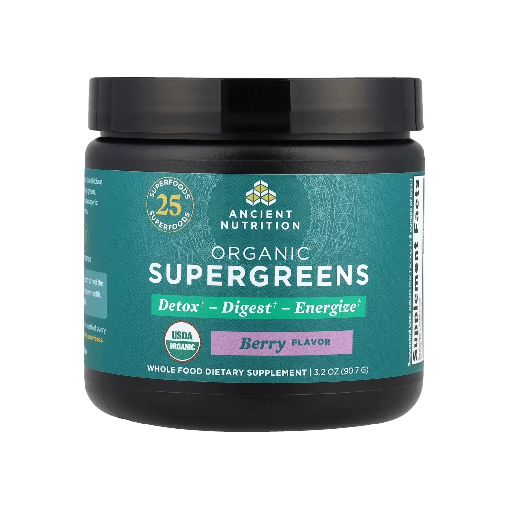 Ancient Nutrition Organic SuperGreens Berry Greens Supplement Packaging