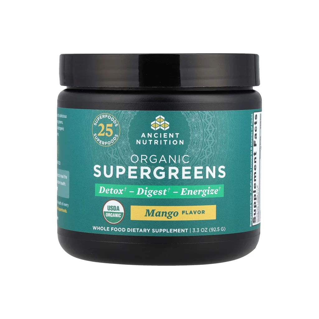 Ancient Nutrition Organic SuperGreens Mango Greens Supplement Packaging