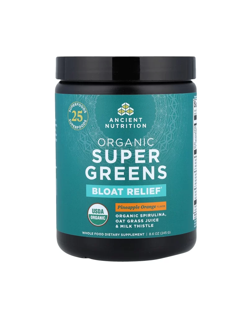 Ancient Nutrition Organic Super Greens Bloat Relief Pineapple Orange Greens Supplement Packaging