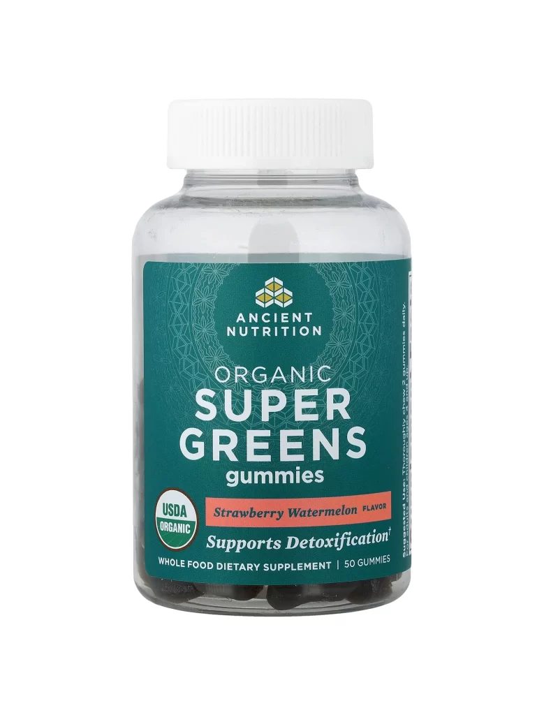 Ancient Nutrition Organic Super Greens Gummies Strawberry Watermelon Greens Supplement Packaging
